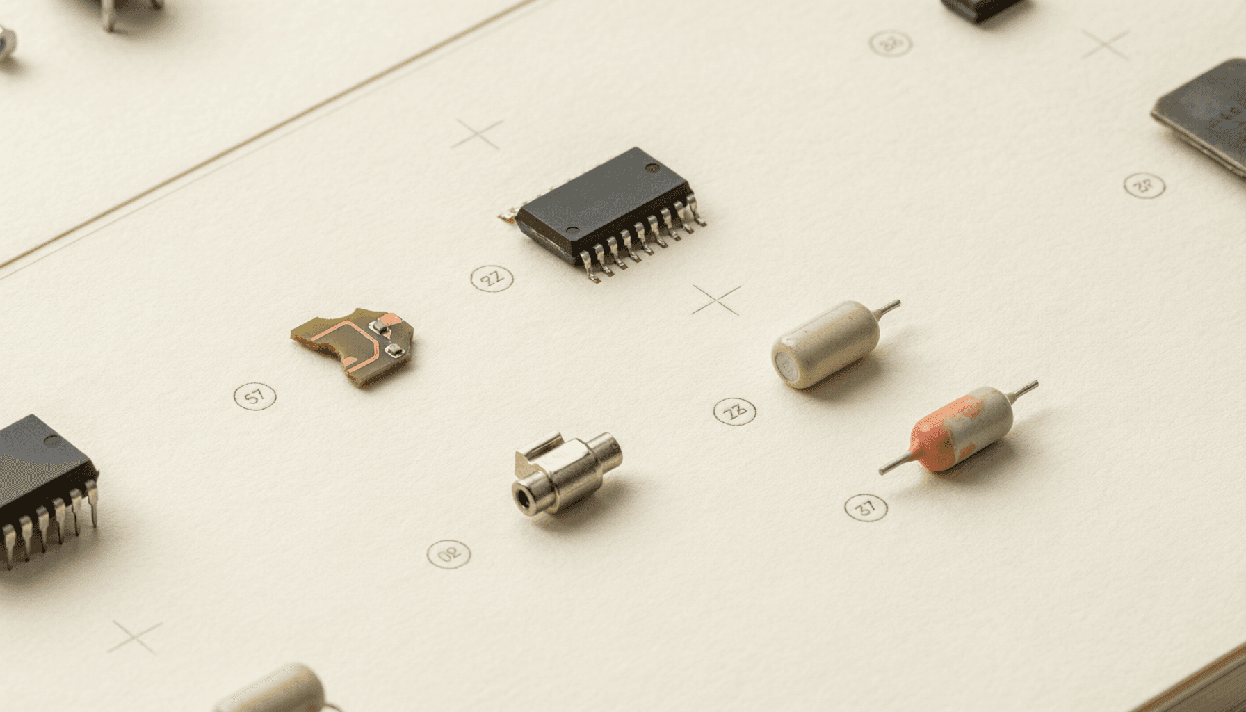 电子元器件静物图版:芯片、PCB、电容与连接器
